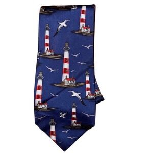 Vtg 90s Men's UTOPIA‎ blue Silk Tie Lighthouses & Sea Gulls Looks Like Montauk!